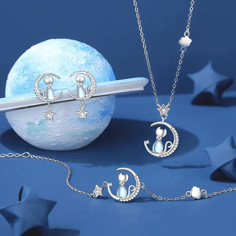 Boucles d'oreilles Chat Lune & Étoile en Argent Sterling 925 avec Zircon