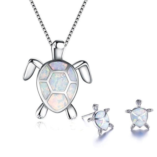 Collier et Boucles d'Oreilles Tortue de Mer en Opale et Argent